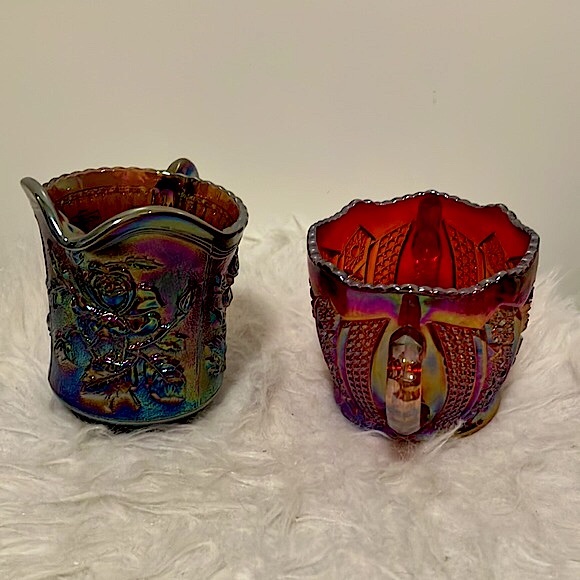 Vintage Indiana Glass Sunrise Carnival creamer & sugar bowl set iridescent Red - Picture 2 of 12